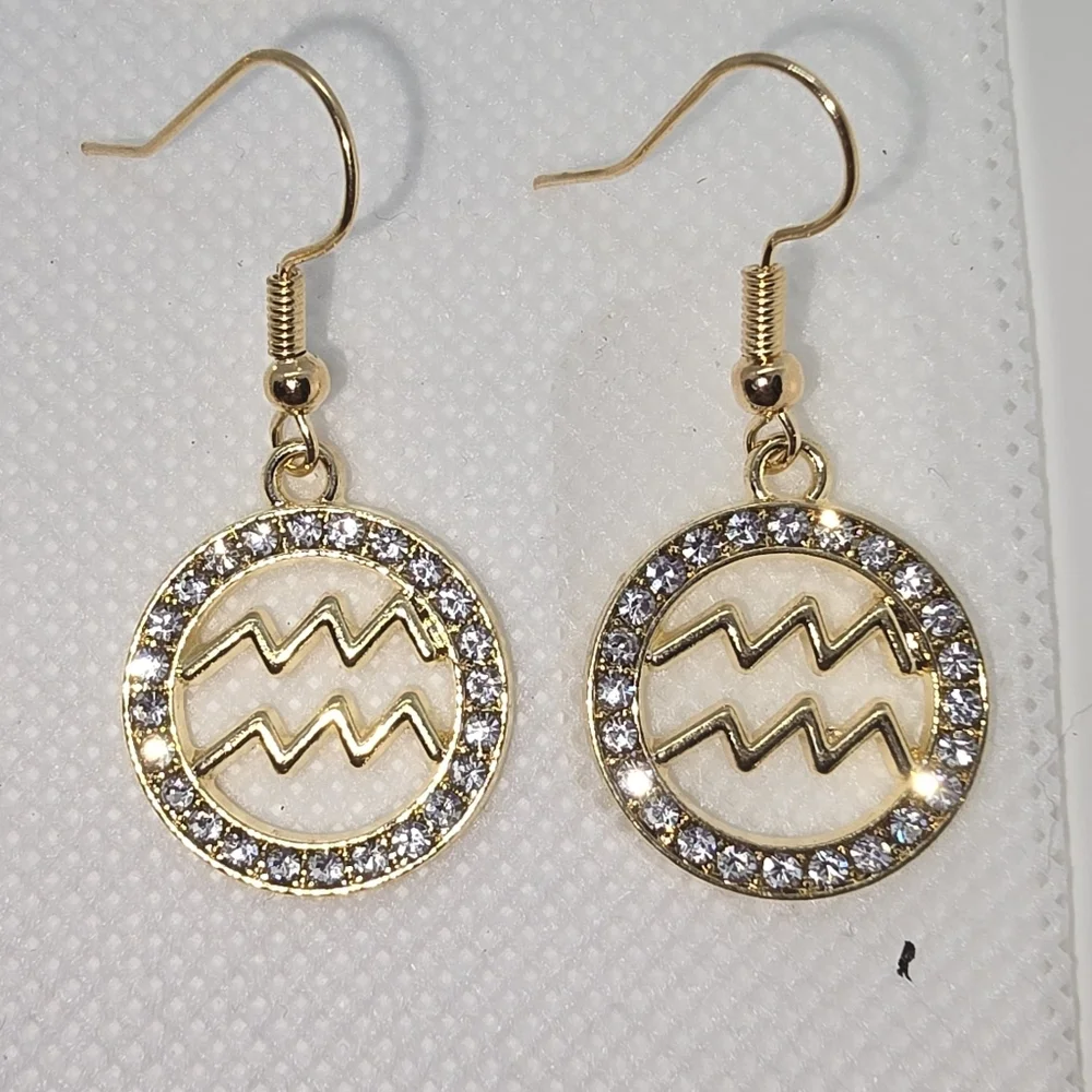 Zodiac Sign Hook Earrings! Hypo-Allergenic Handmade Gold Color with Cubic Zircon